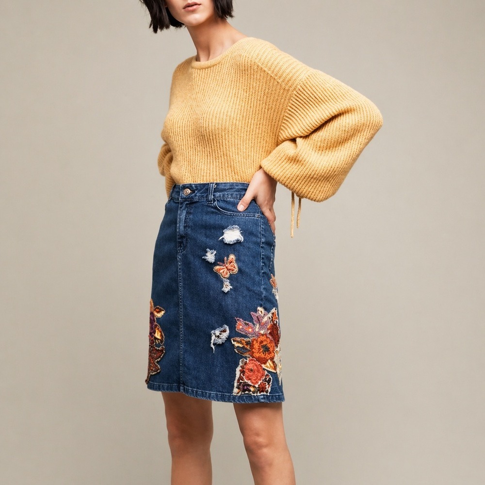 Anthropologie NEW Cecilia Prado Gardeners Denim Embroidered Jean Skirt SZ Small - Picture 4 of 13